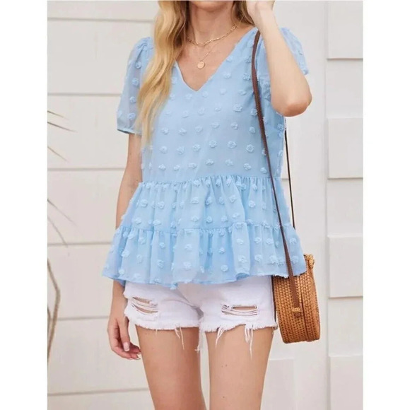 Hotouch Womens Babydoll Top Swiss Dot Ruffle Tiered V Neck Blouse XL NWT - Picture 6 of 6